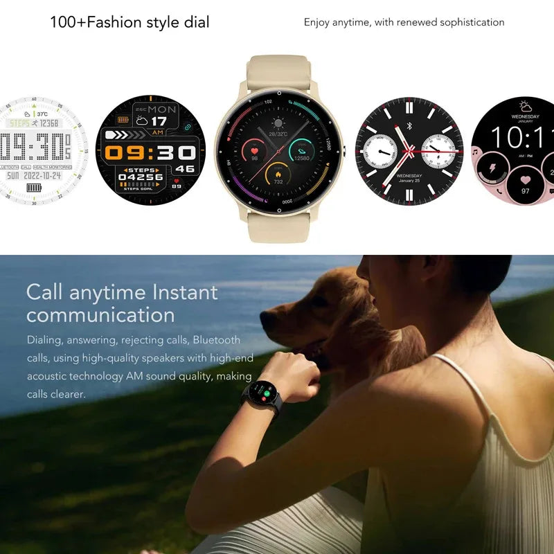KaiAqua X27 Fitness Smart Watch by Cedar & Moore with beige strap and 1.28-inch AMOLED display
