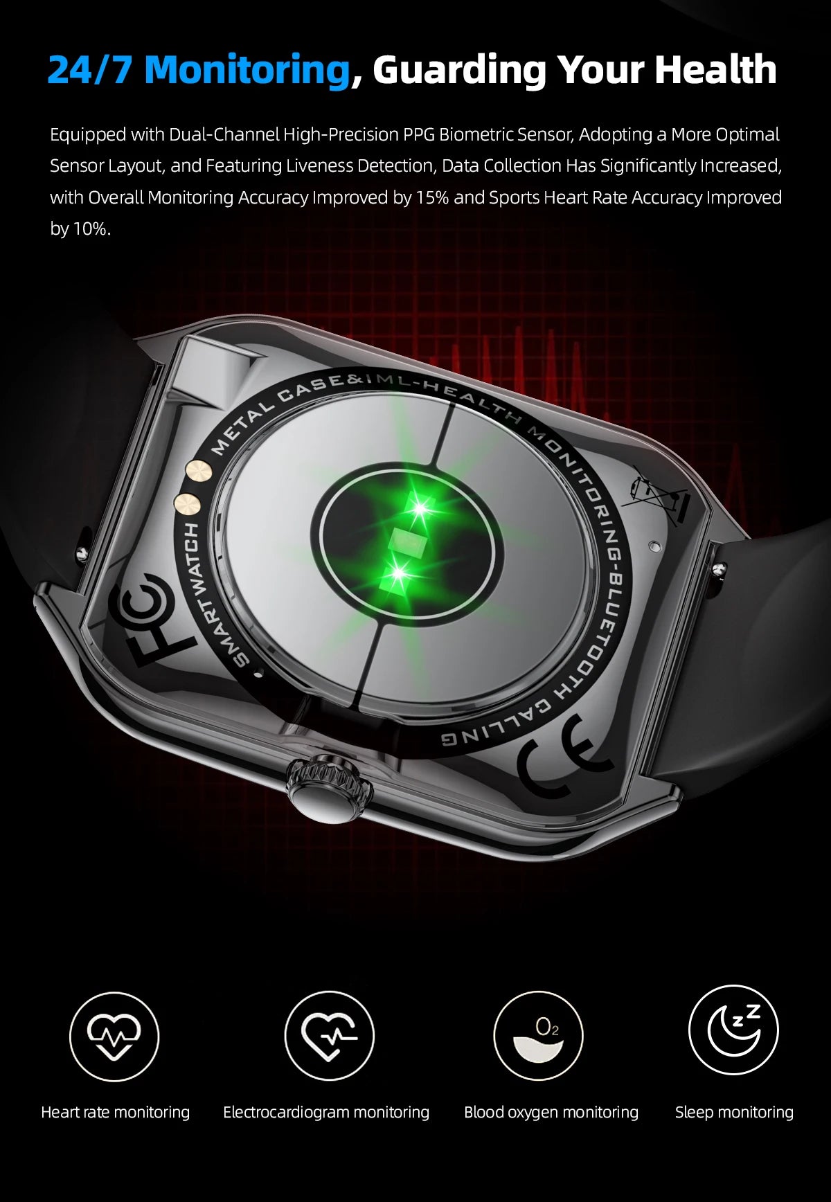 Ultra-thin AMOLED smart watch face with green health icons, silver case and strap