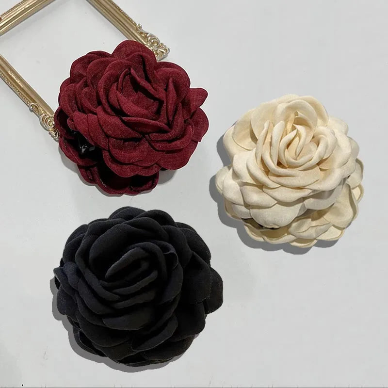 Fabric rose hair claw clips in burgundy, cream, and black (3)