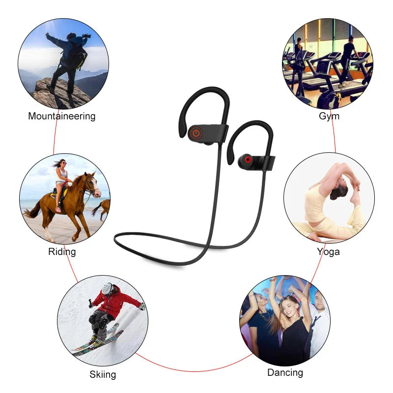 Black wireless sports headset with over-ear hooks shown for active use scenarios