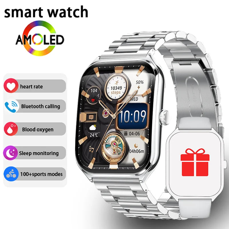 Ultra-thin AMOLED smart watch with silver mesh strap and black display