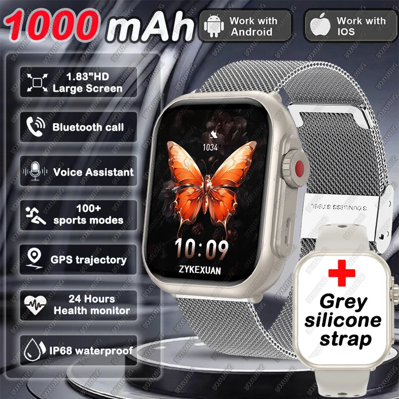 Smart Watch Cedar & Moore with 1.96-inch AMOLED display, Bluetooth calling & health monitoring, silver mesh band