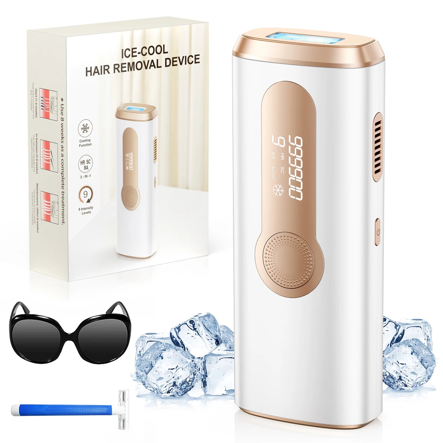 Ice-cool IPL hair removal device in packaging, white body with rose-gold top and goggles
