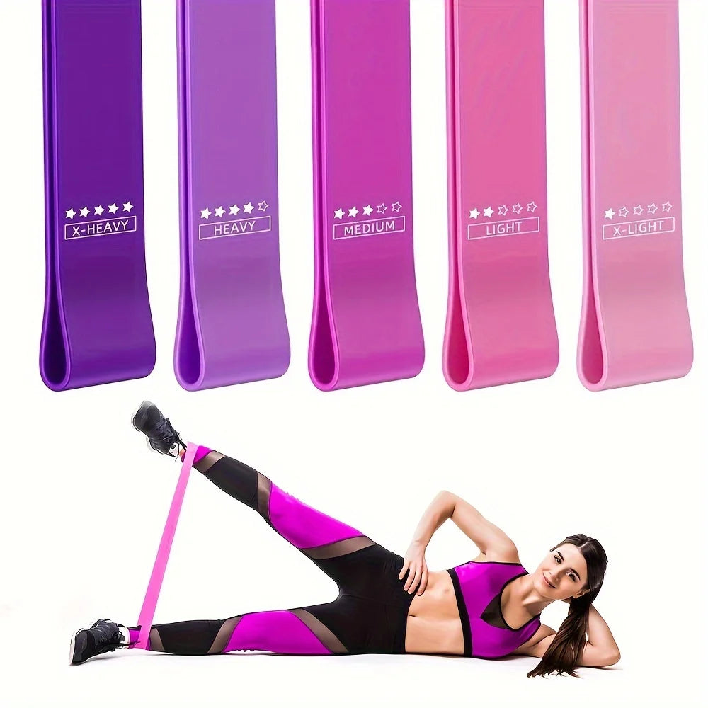 Five resistance bands in purple and pink shades with strength labels