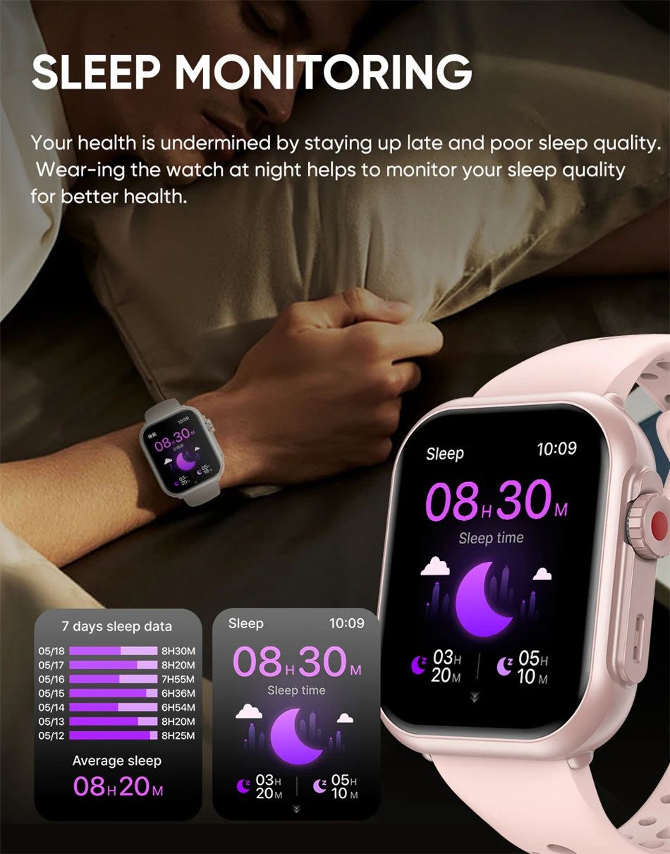 Two Cedar & Moore smart watches with 1.96-inch AMOLED displays, pink and gray bands, Bluetooth calling and health monitoring.