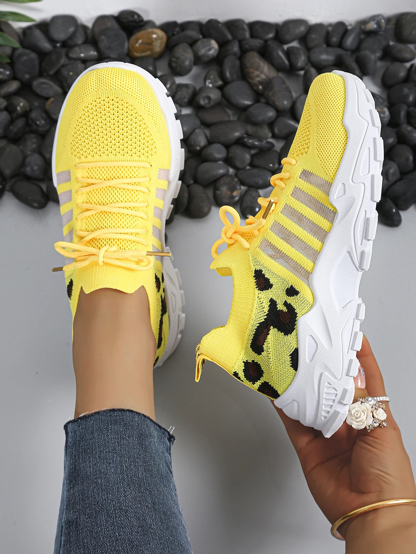 Cedar & Moore women's yellow leopard-print athletic sneakers with breathable knit upper and thick white sole