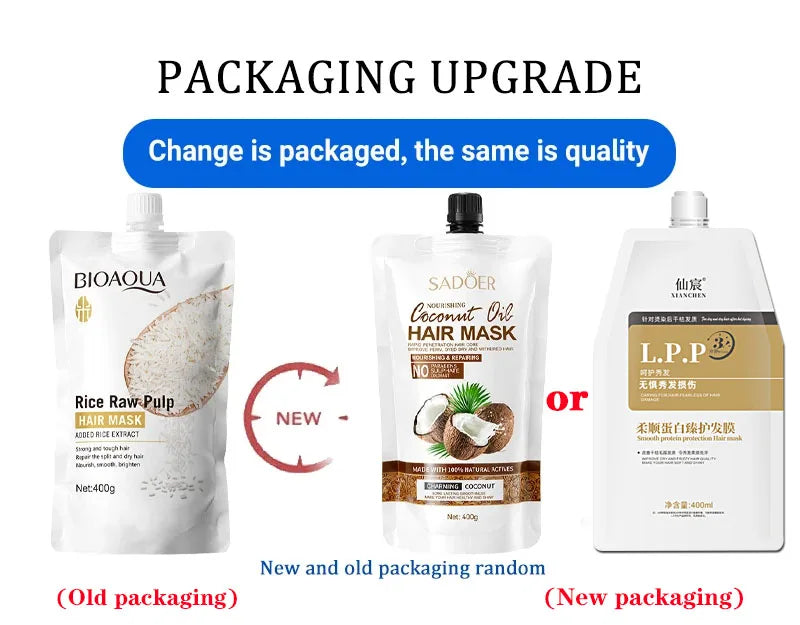 Magical Keratin Rice Hair Mask packaging upgrade: 3 pouches—BioAqua old, Sadoer new, L.P.P.3 new