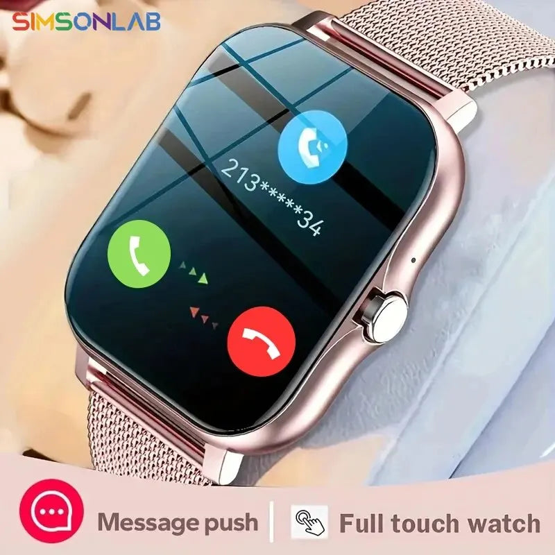Rose gold mini smart watch with black display and metal mesh band, call icons shown