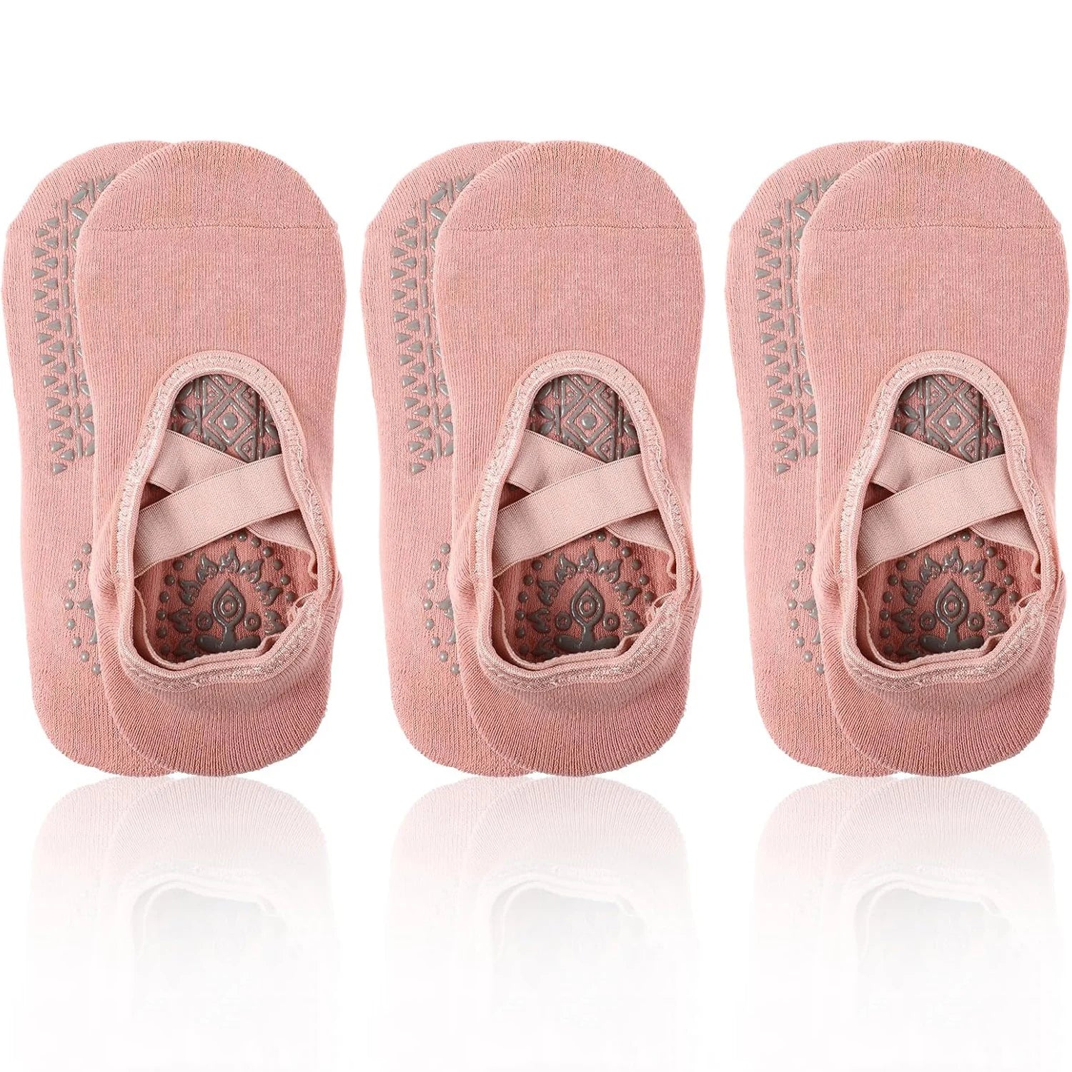 3-pack pink yoga toe socks with patterned sole grips and double strap support