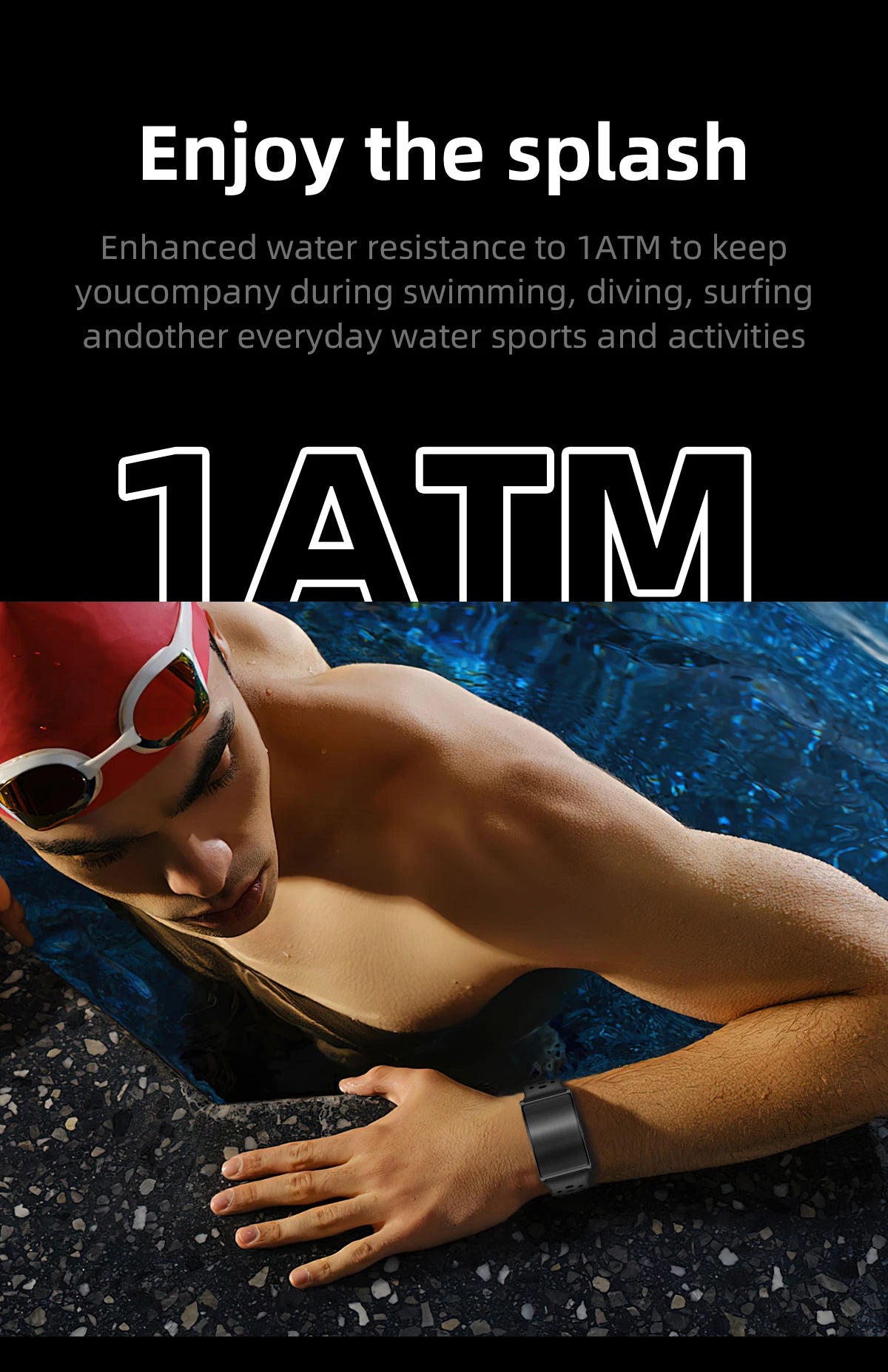 Black fitness bracelet on swimmer’s wrist in pool water