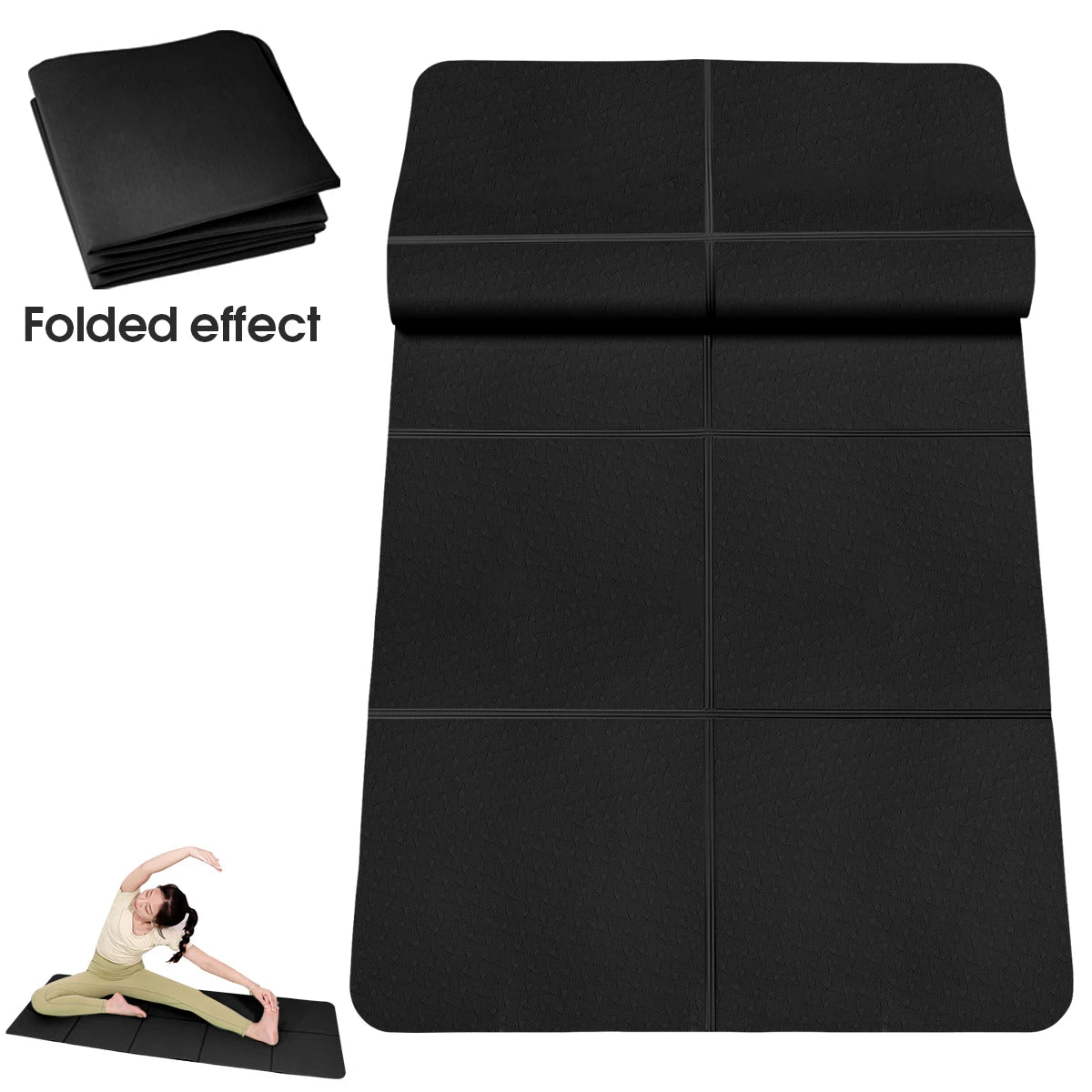 Black yoga mat folded in sections with compact stack, fold-line grid design.