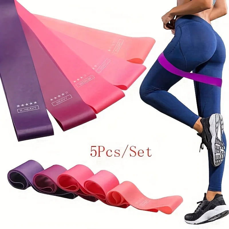 5-piece resistance band set with pink and purple bands, shown in a stack