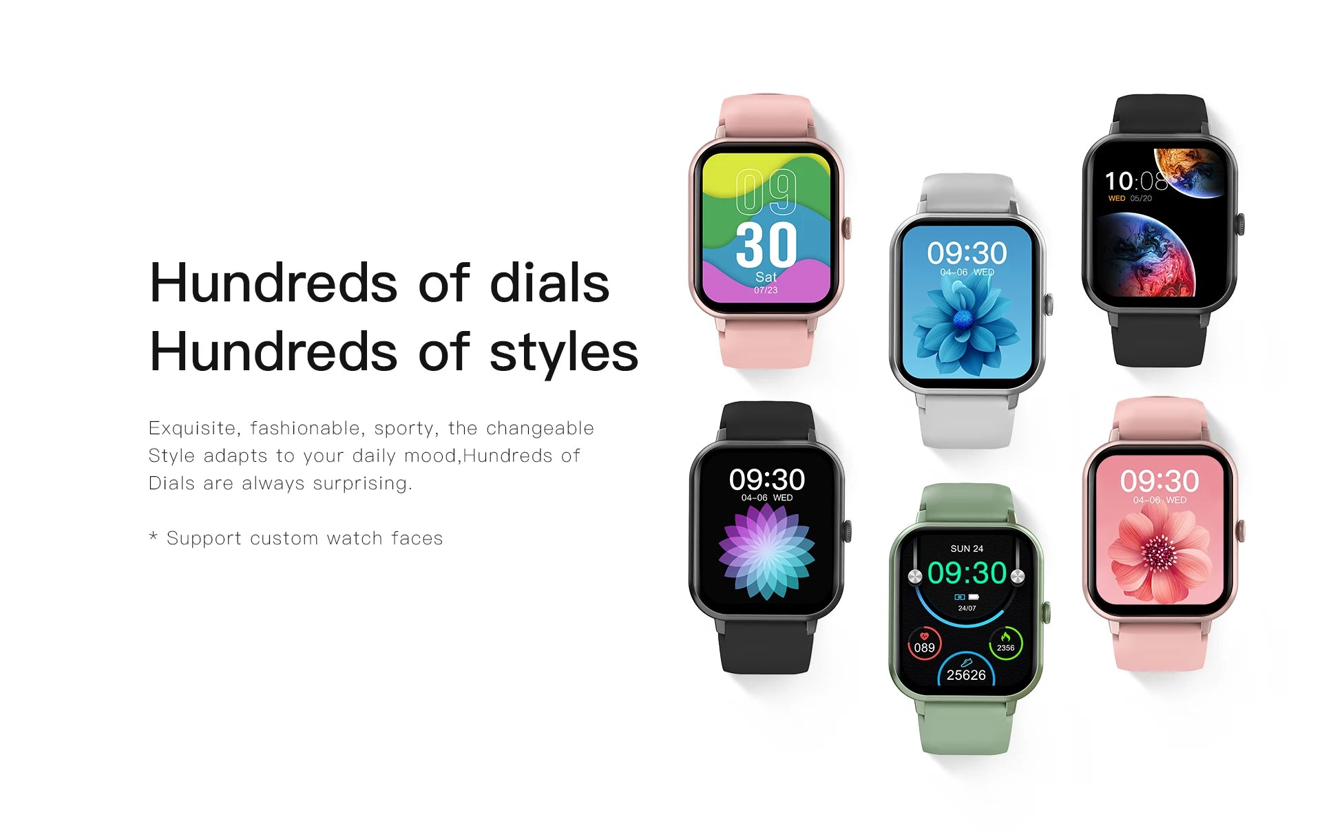 Digital smartwatches with pink, black, green, and white straps, assorted watch faces