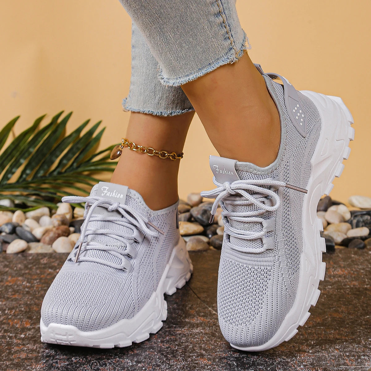 Women's breathable mesh athletic sneakers with thick white sole, grey knit, lace-up (2 shoes)