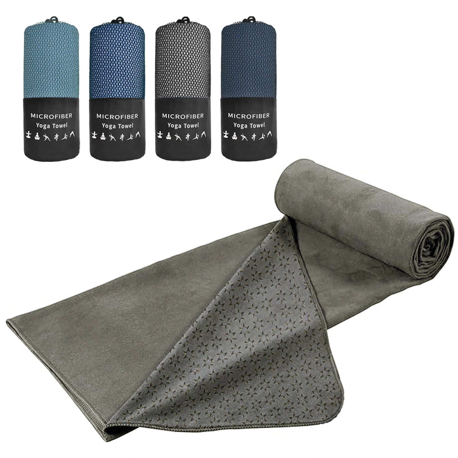 Premium non-slip yoga towel set: 4-pack microfiber mat towels in blue-gray tones with grip pattern