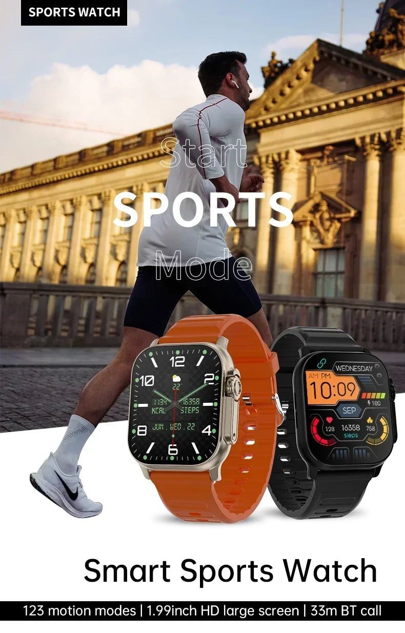 Sports smart watch with orange and black silicone straps, round displays