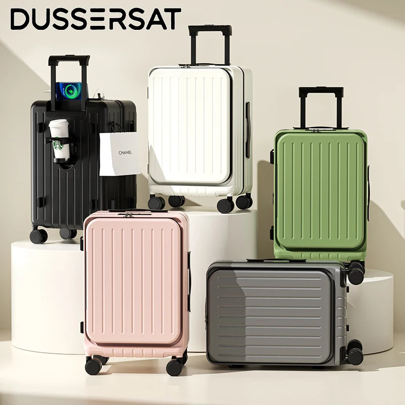 Front-opening hard-shell rolling suitcase set in white, pink, green, and black, with wheels
