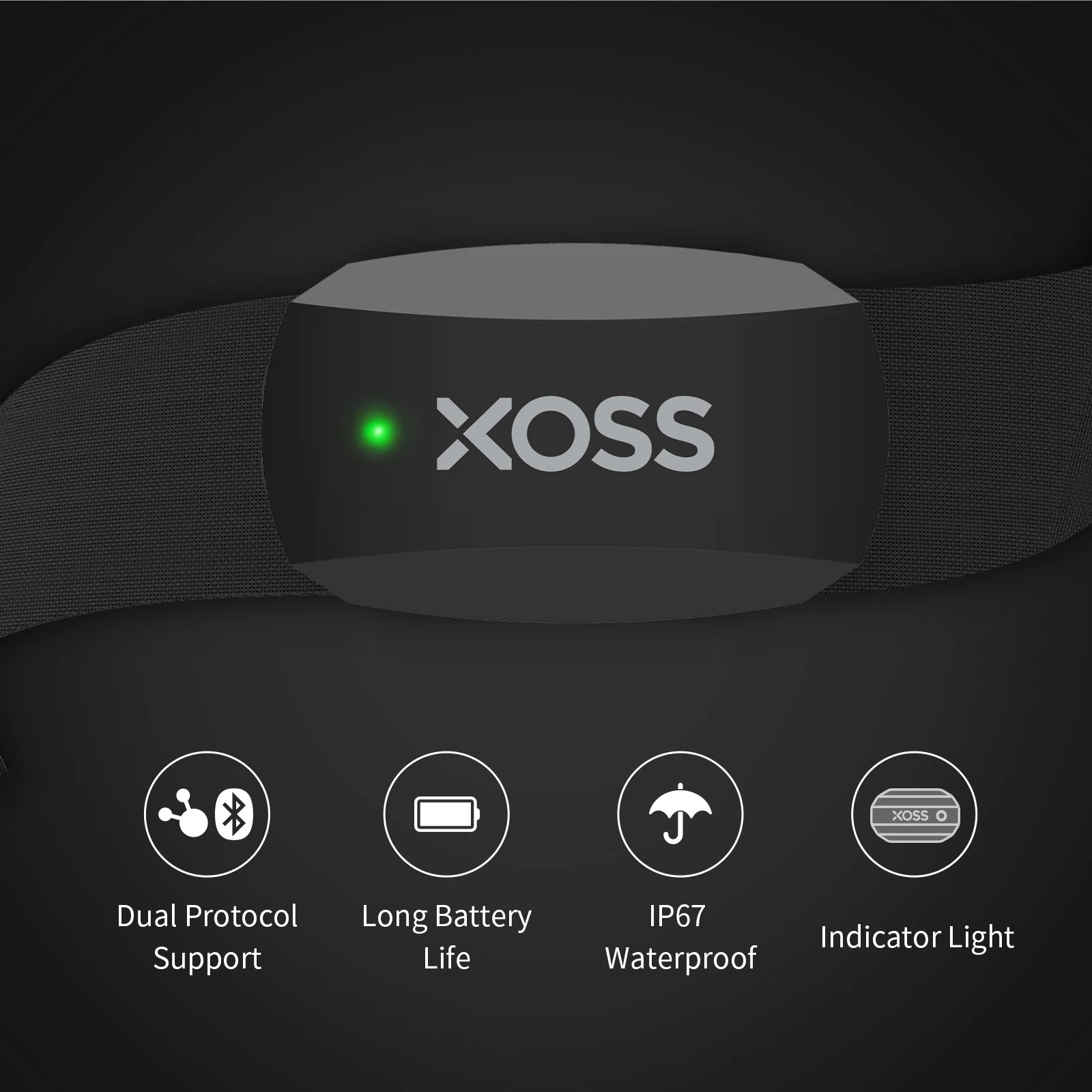 XOSS X2 Bluetooth ANT+ heart rate monitor chest strap with green indicator light