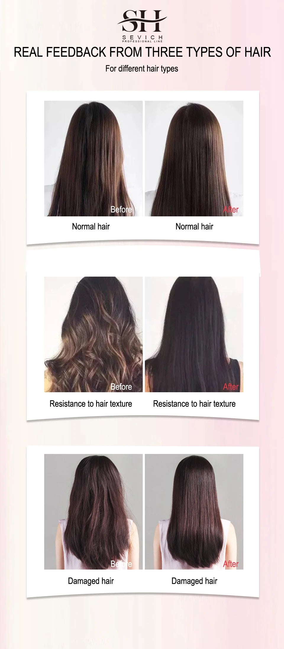 Sevich Keratin Straightening Cream with Comb, treatment; before/after for three hair types: normal, textured, damaged