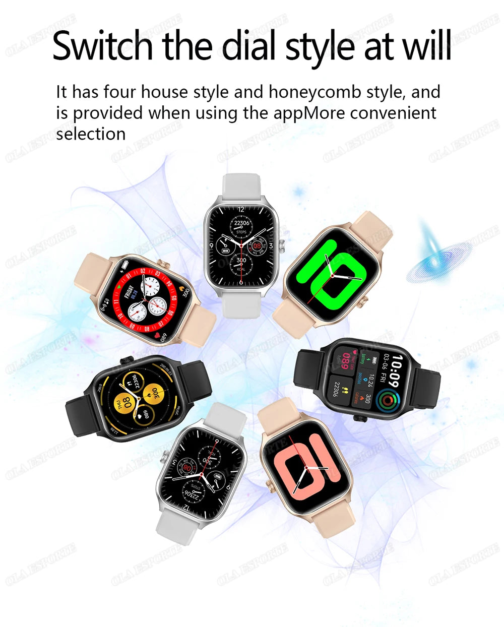 Eight Cedar & Moore smartwatches with square faces and beige, gray, and black bands arranged in a circle.