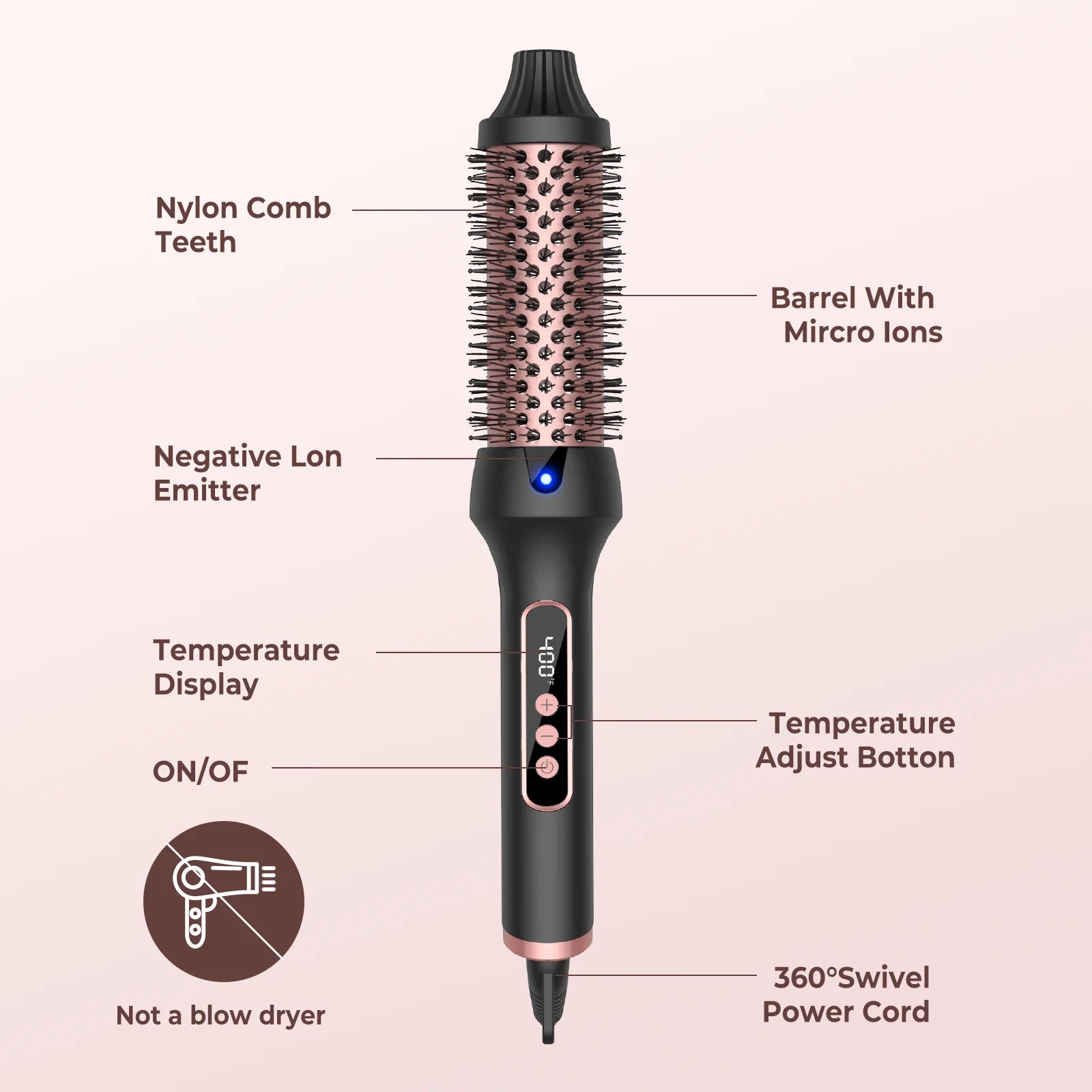 Heated Hair Curler Brush - 38mm Ceramic Ionic Electric Thermal Styling Comb