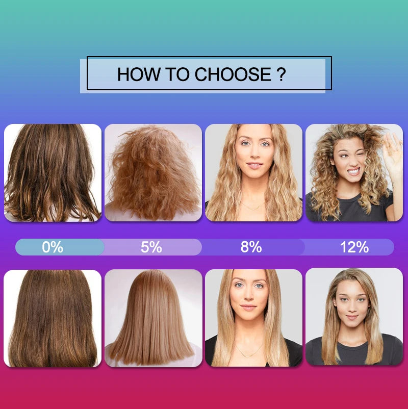 Hair strands showing 0%, 5%, 8%, and 12% keratin strength options in a grid.