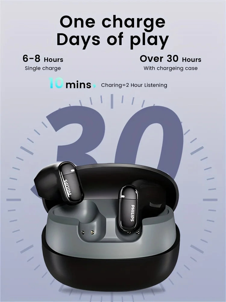 Black wireless earbuds in charging case with earbuds lifted above case