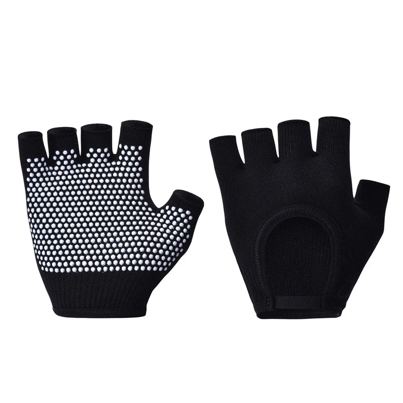 Black half-finger yoga gloves with white grip dots and thumb ring