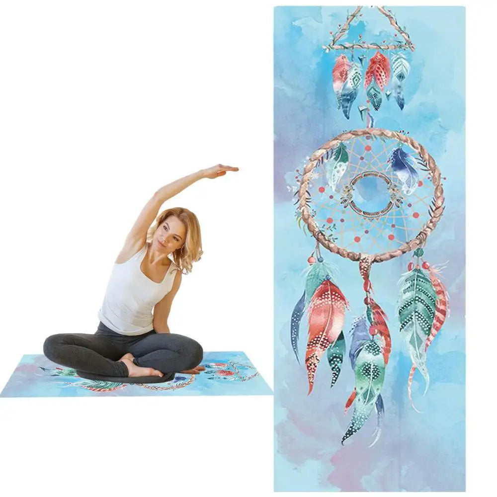 2x Mat-Sized Yoga Towel Cedar & Moore; blue dreamcatcher print, non-slip microfiber, 185x64cm.