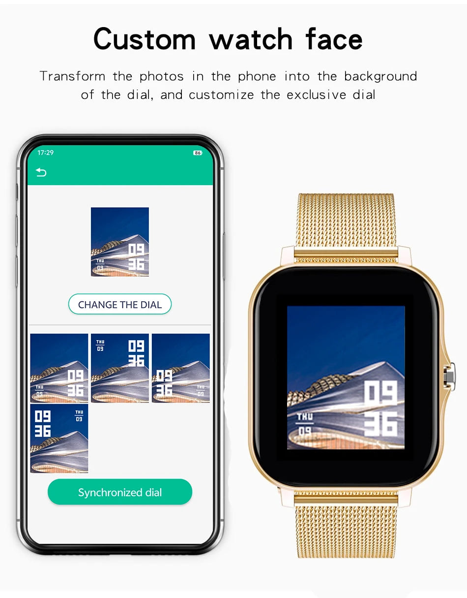 Gold metal mesh smart watch with black display, watch-face customization shown on screen