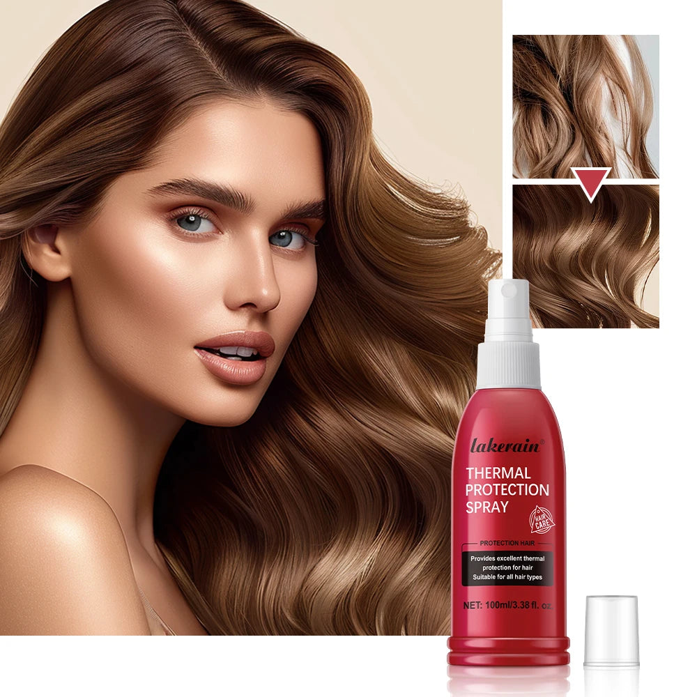 Lakerain heat protectant spray pink 100ml bottle for hair treatment, providing thermal and UV protection.