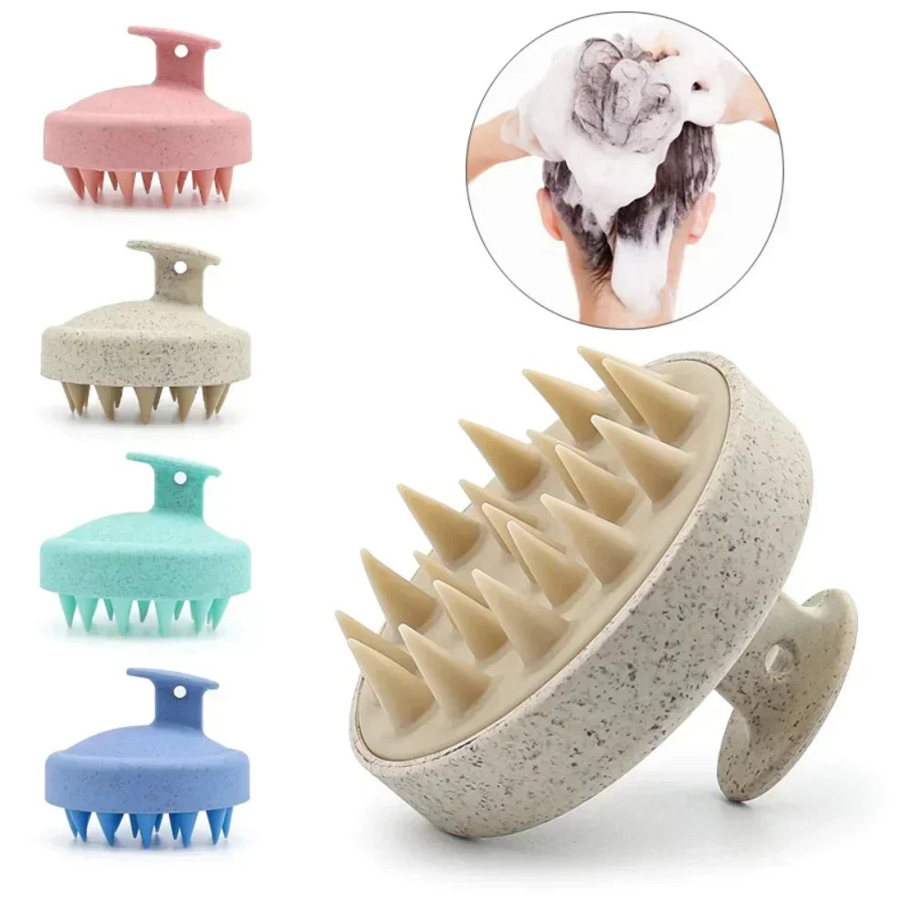 Silicone scalp massage brush with spiked round head in pastel blue, pink, green, beige