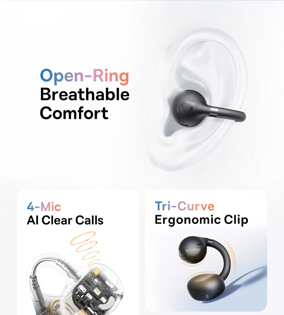 White open-ear clip earbuds with an open-ring fit and slim ear stem