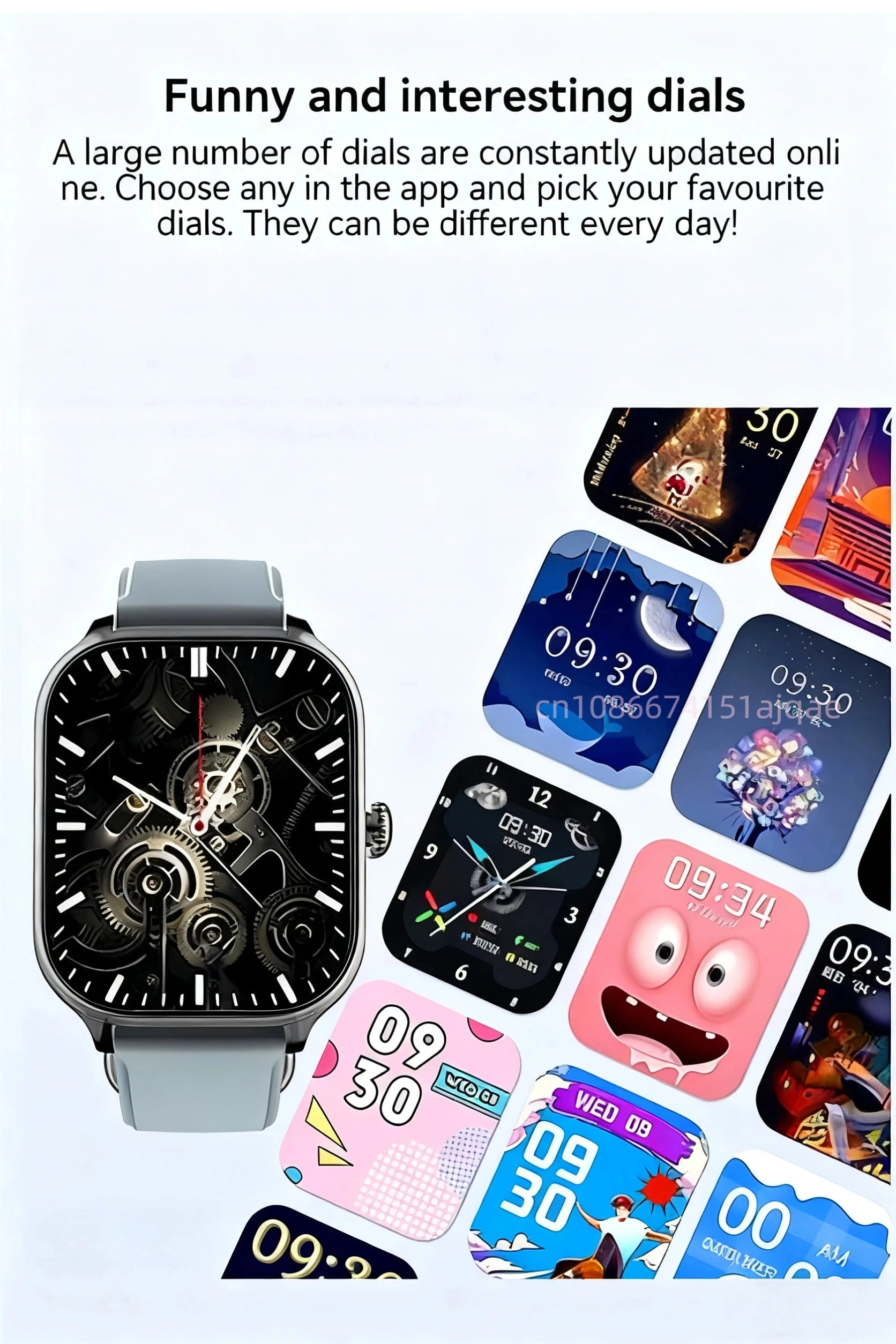 Smartwatch with black face and light grey strap, featuring various customizable dial previews