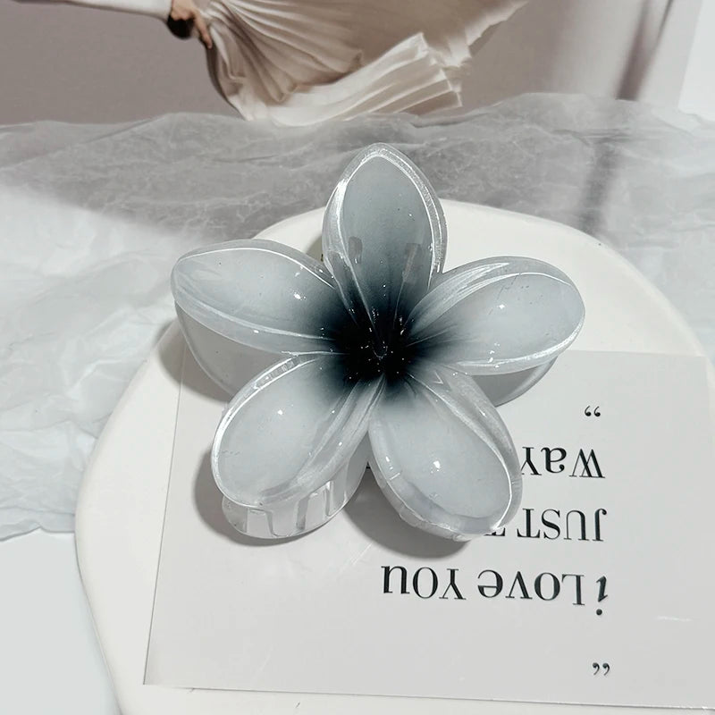 Gray-blue plastic flower hair claw clip with non-slip barrette base