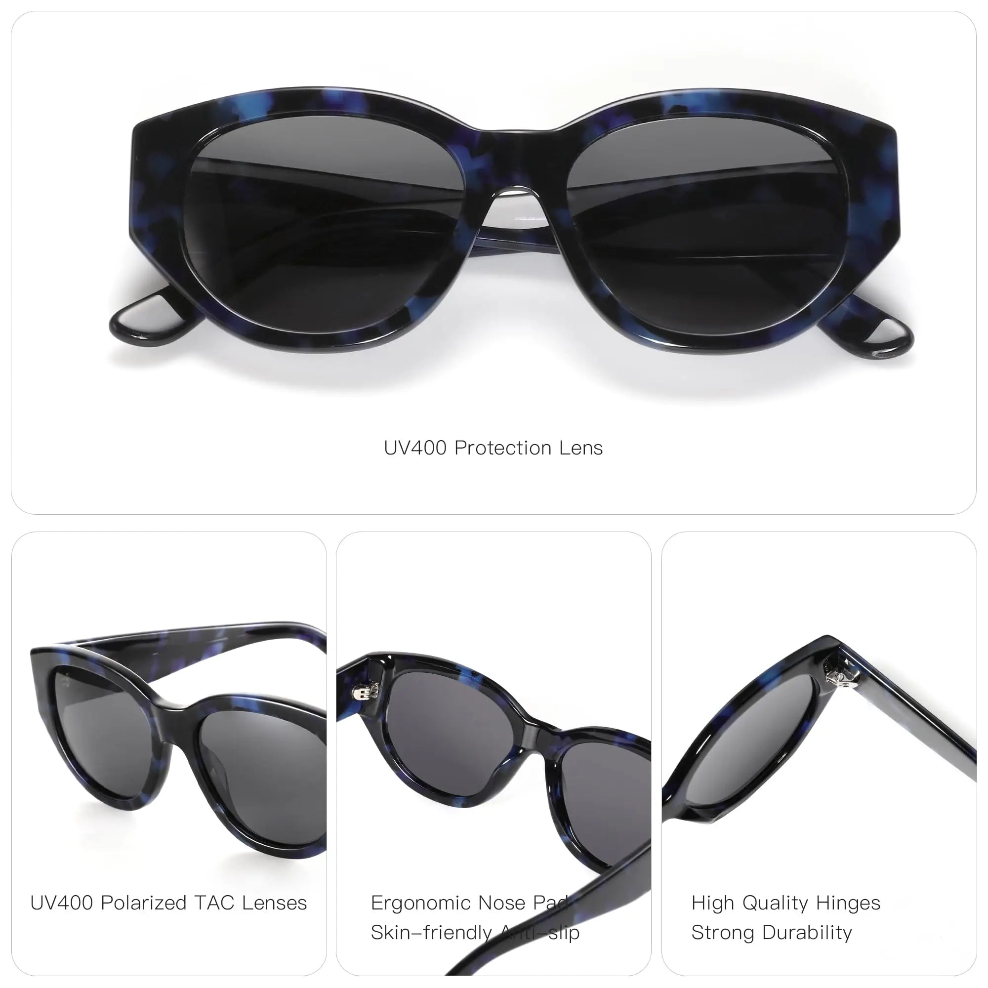 Women's cat-eye sunglasses with dark lenses, angled front view