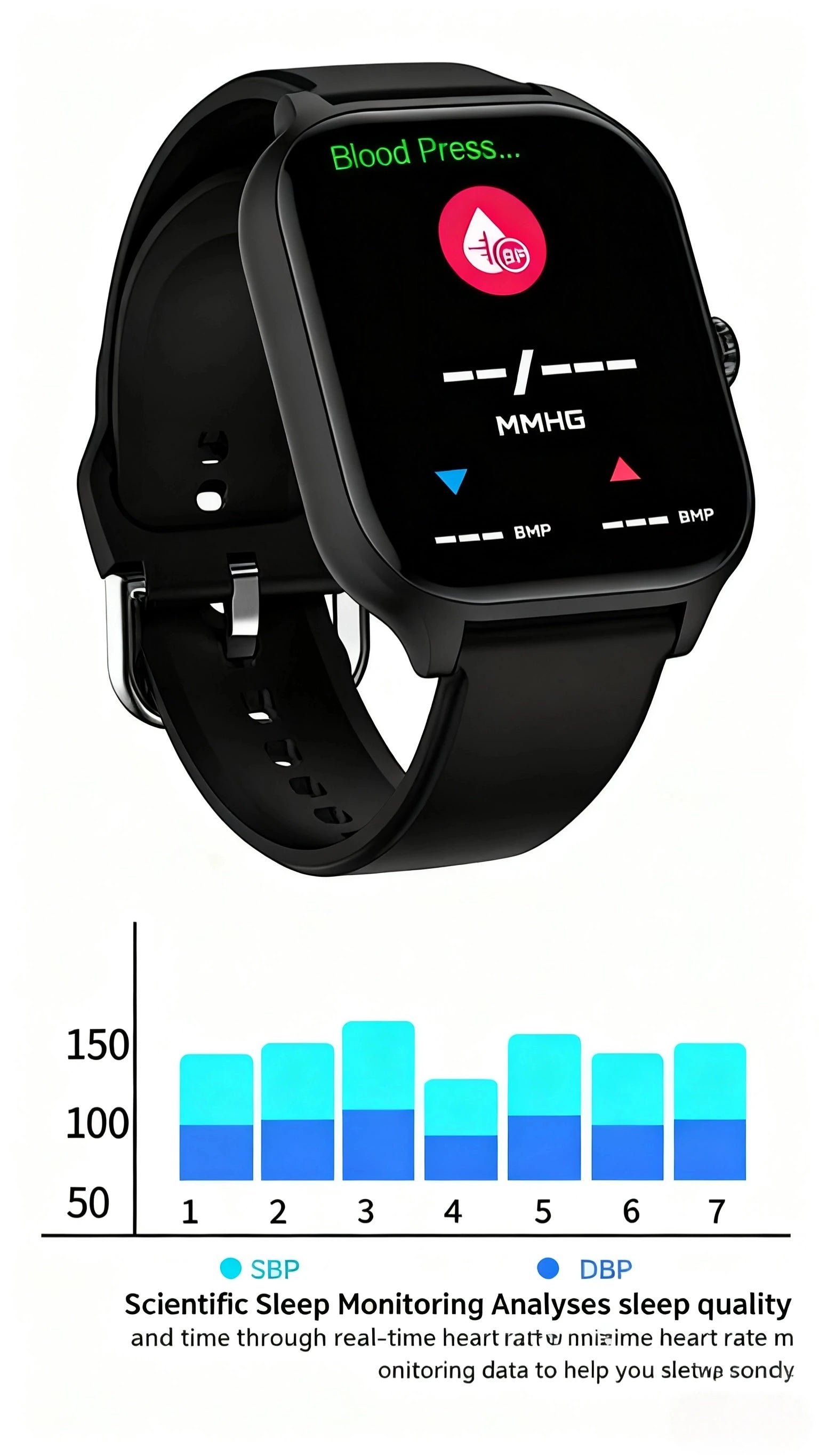 Intelligent health tracking watch with blood pressure chart and MMHG display