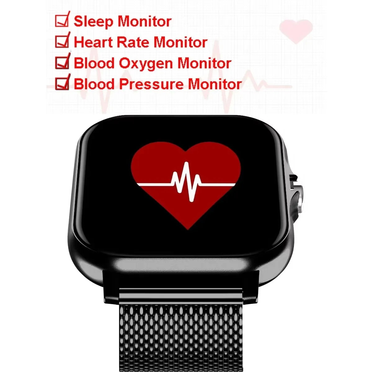 Cedar & Moore smart watch with 1.4-inch OLED display and black metal mesh band