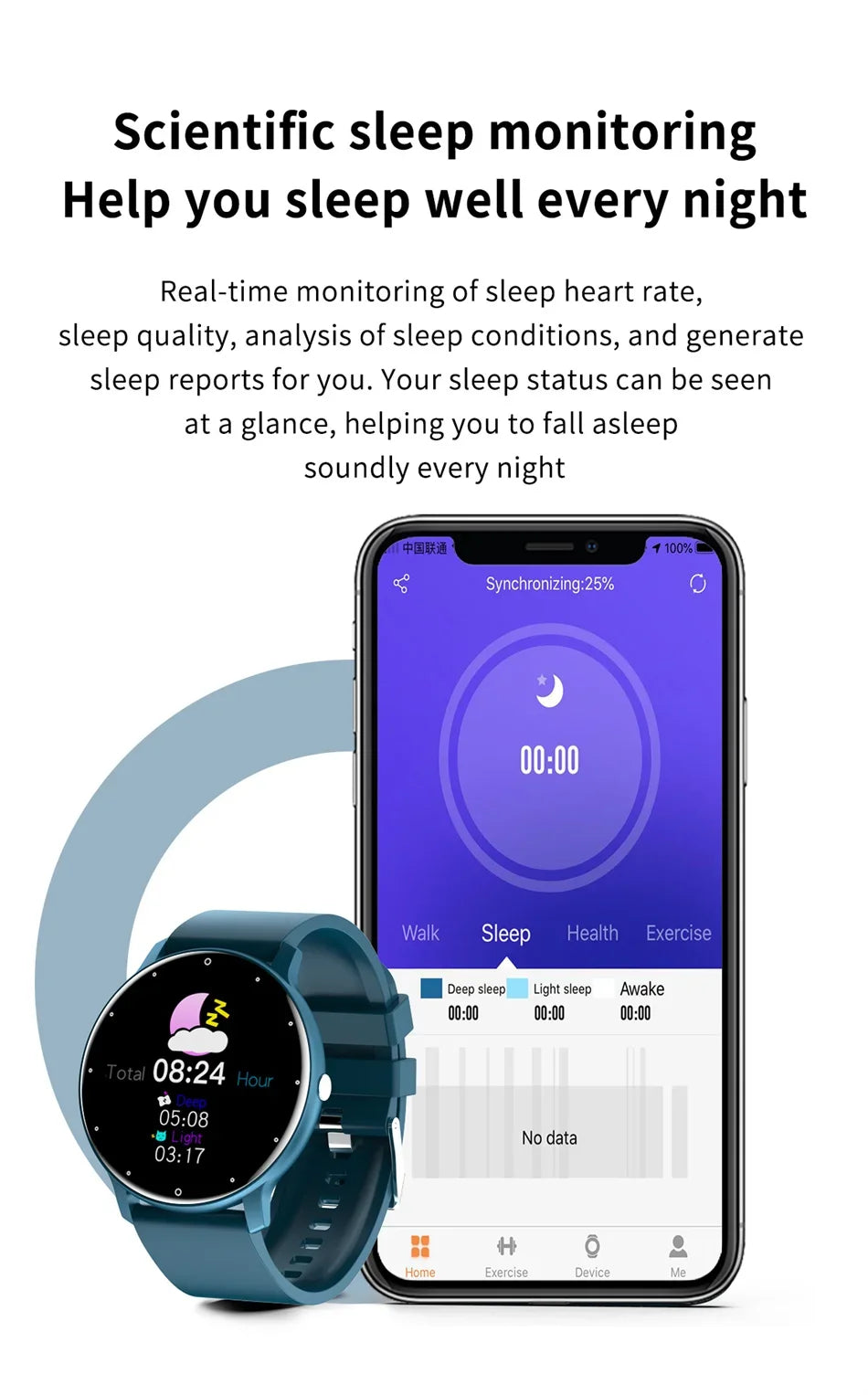 KaiAqua X27 fitness smart watch with blue strap, 1.28-inch AMOLED display shown beside a sleep-tracking smartphone app