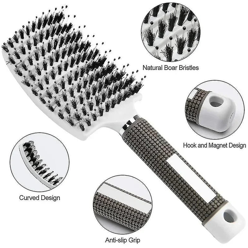 Boar bristle detangling hairbrush with curved pin plate, anti-slip black textured grip