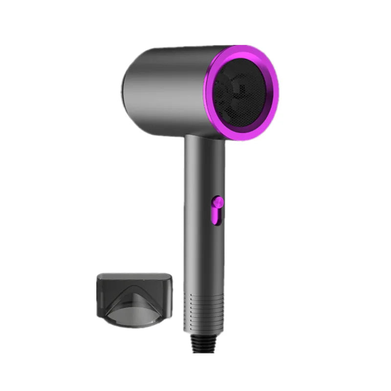 Professional salon hair dryer, dark gray with purple-ring nozzle and included wall-mount bracket
