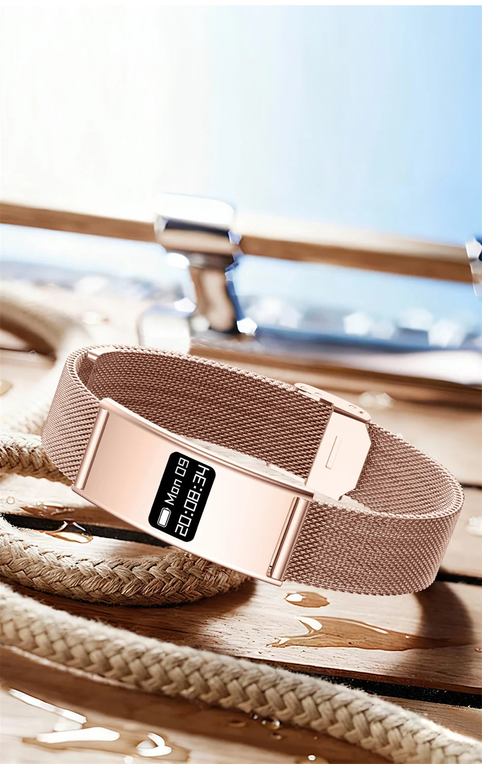 Rose gold mesh fitness tracker bracelet with rectangular OLED health screen