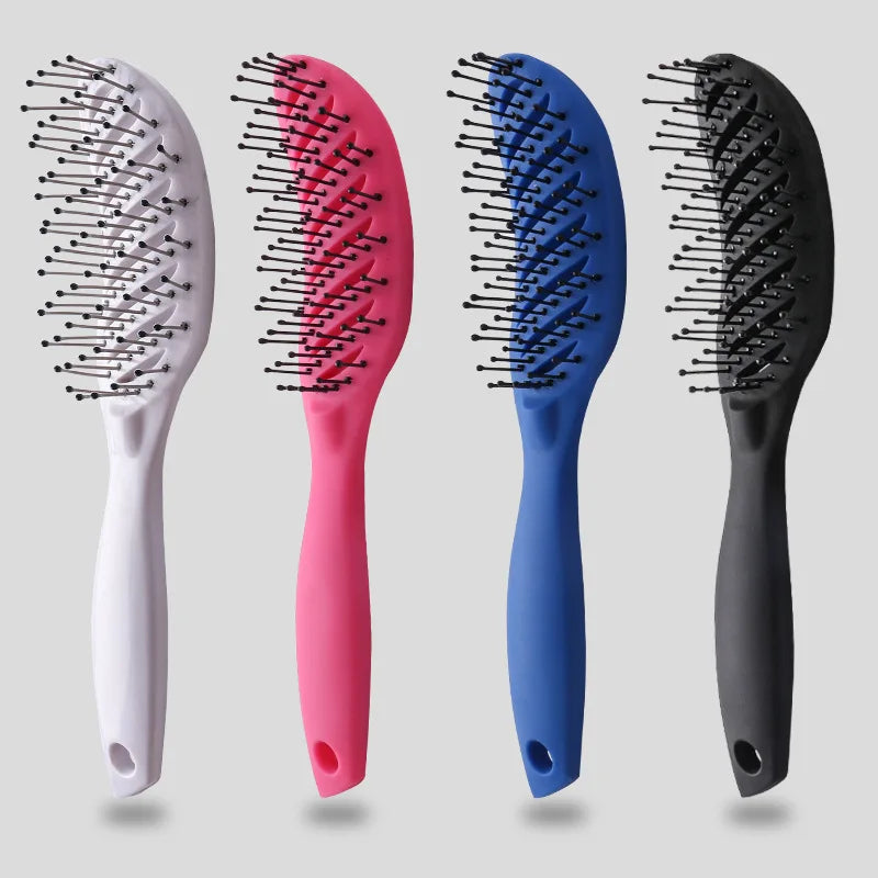 Curved detangling hair brushes with 9-row bristles, white, pink, blue, black