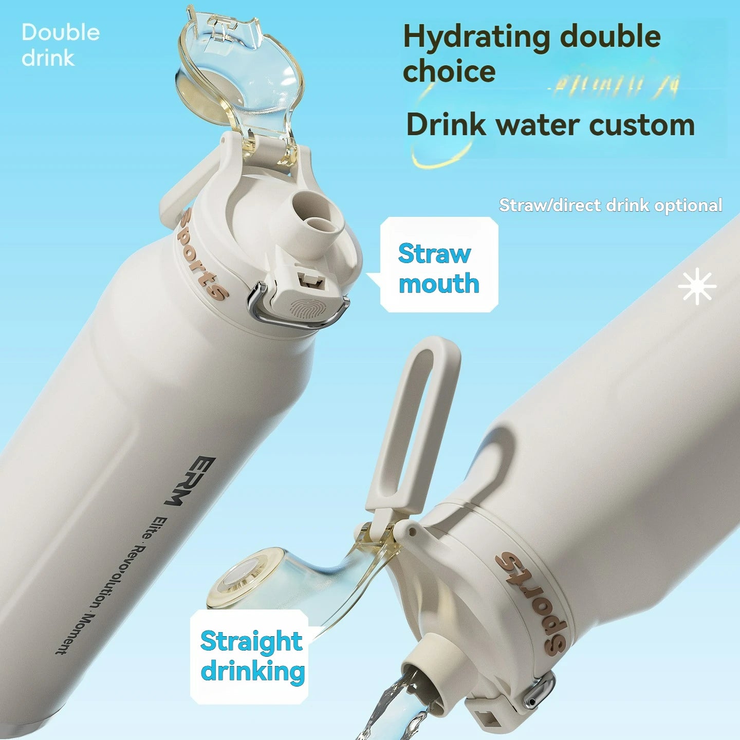 White insulated bottle with open lid and straw mouth, straight drinking spout