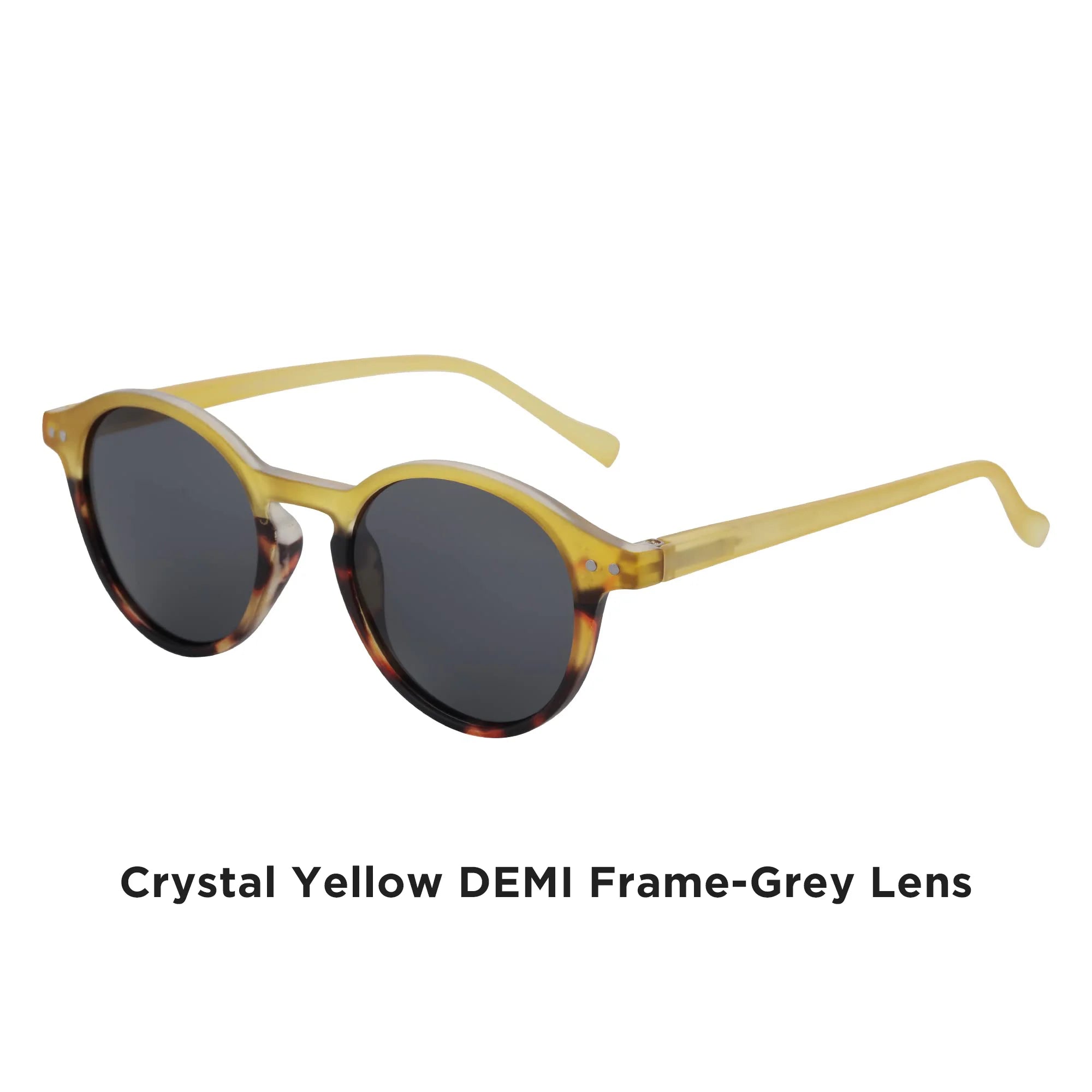 Small round retro polarized sunglasses, crystal yellow demi frame, grey lenses