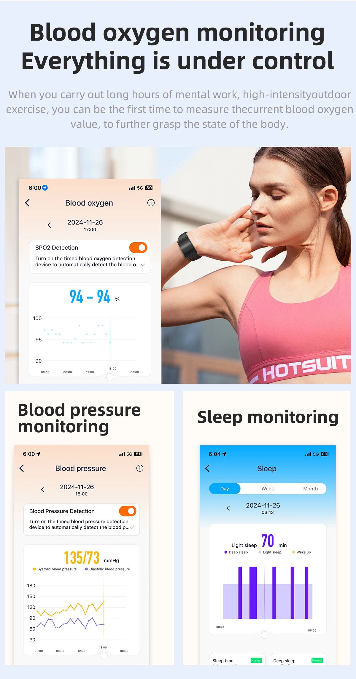 Fitness bracelet companion app screens for blood oxygen, blood pressure, and sleep