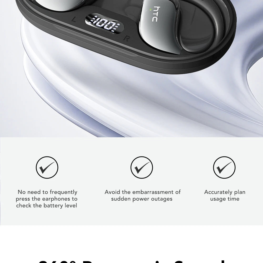 Black wireless earbuds in charging case, LED-style display window on case