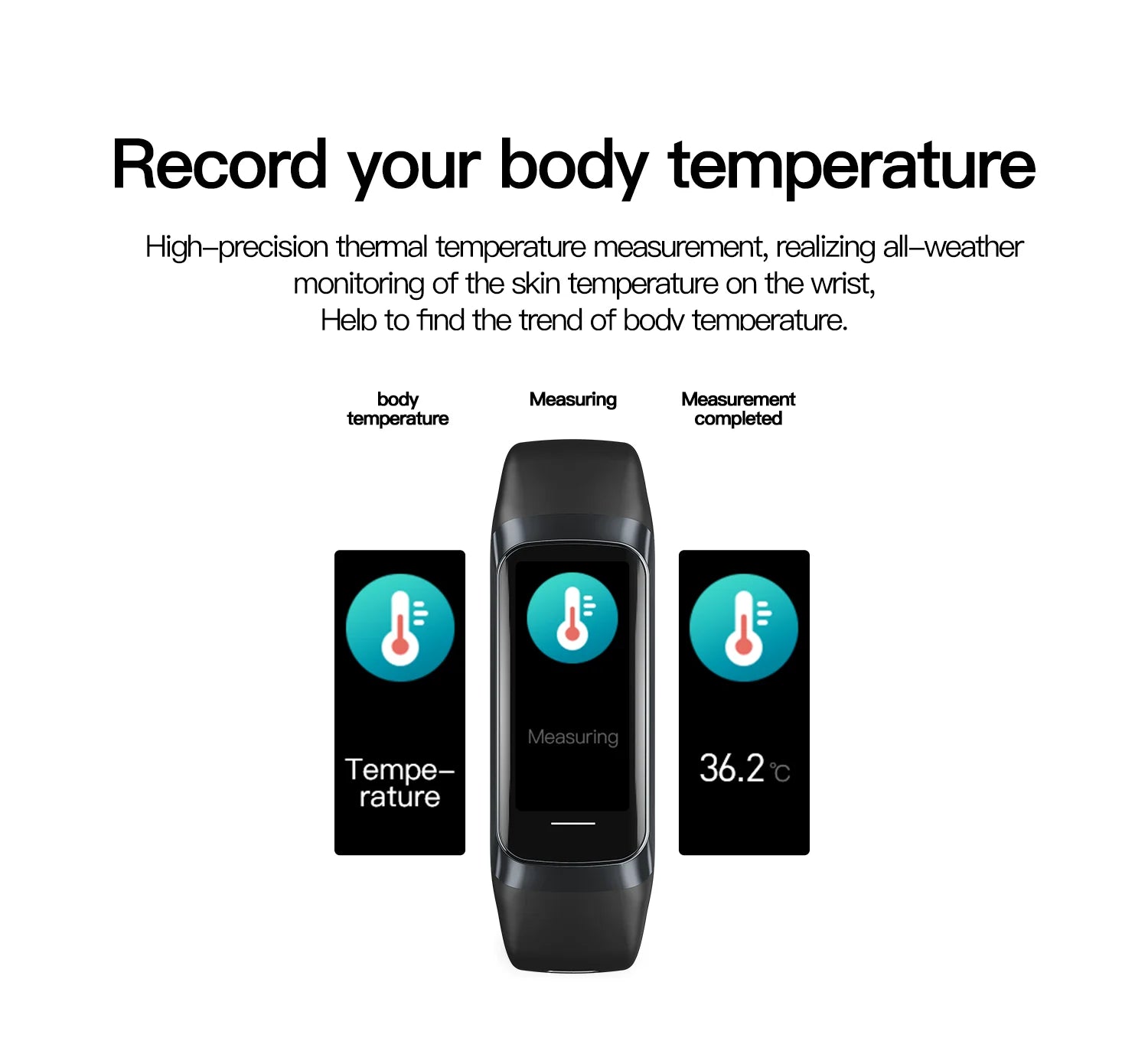 Black smart bracelet showing body temperature icons on the AMOLED display