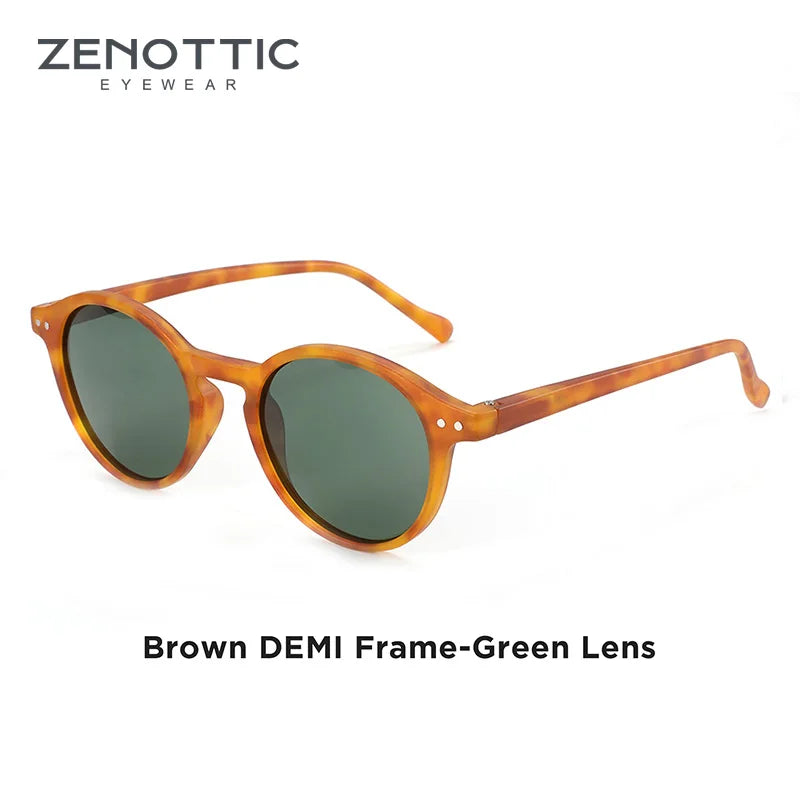Retro polarized sunglasses, brown demi frame with green lenses