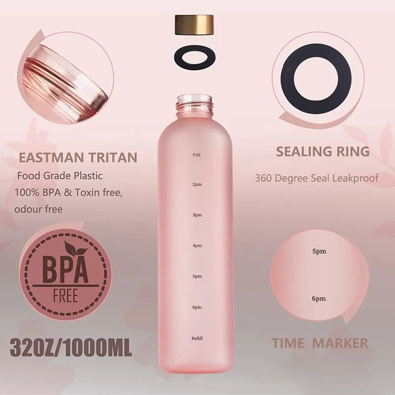 1 Liter Motivational Water Bottle with Time Markers - Sports Hydration Tracker